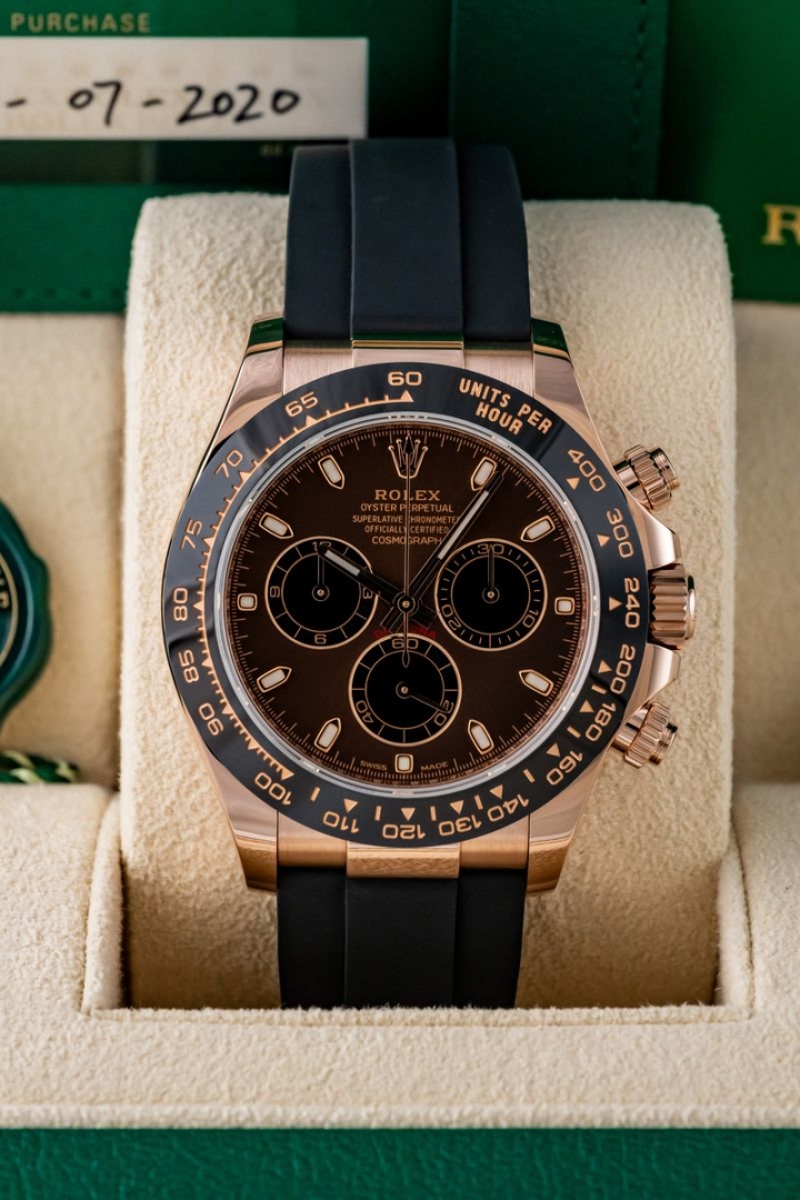 Rolex Daytona Rose Gold Choco Index Oysterflex di secondo polso